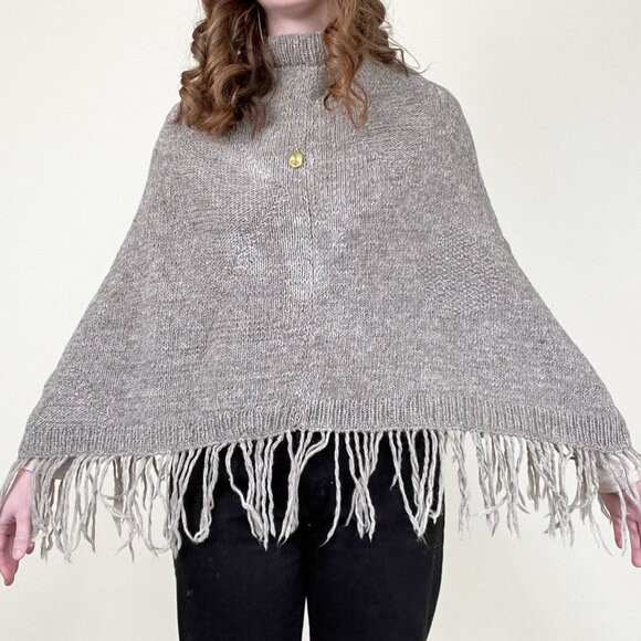 Vintage Handmade Wool Woven Knit Fringe Poncho Western Boho Hippie Sweater Shawl - Picture 2 of 7